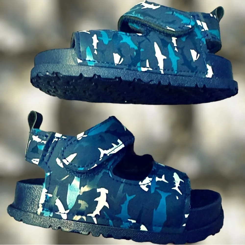 NWOT First Steps by Stepping Stones Navy Blue Shark Camo Print Sandals Size 4
